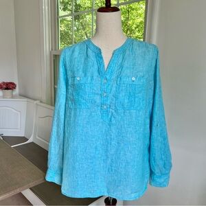Talbots 100% Linen Aqua Blue Buttoned V-Neck Casual Flowy Top